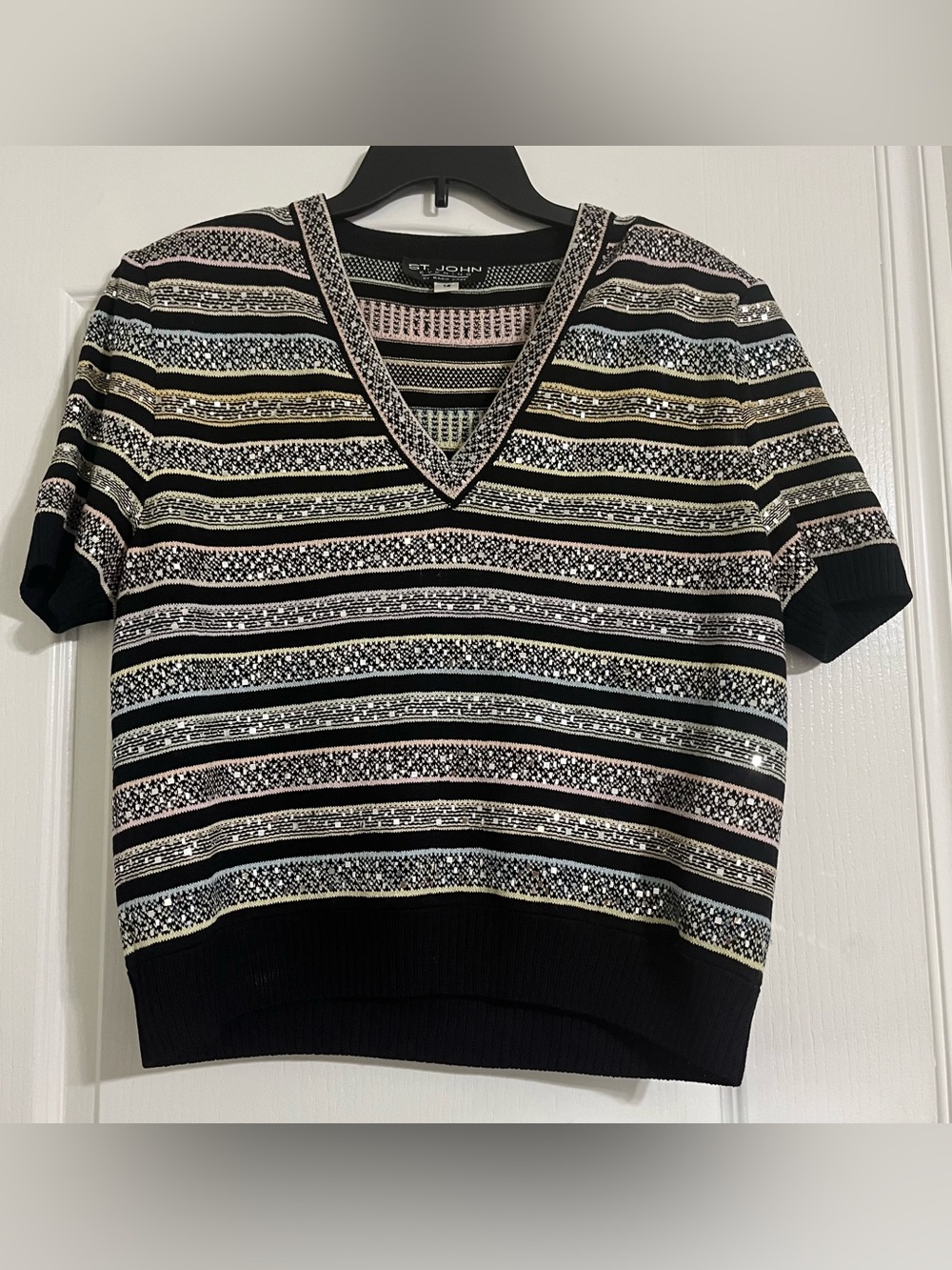 St.John Black Striped V-Neck Sweater with Pink and Cream Accents Like New” Sz 14